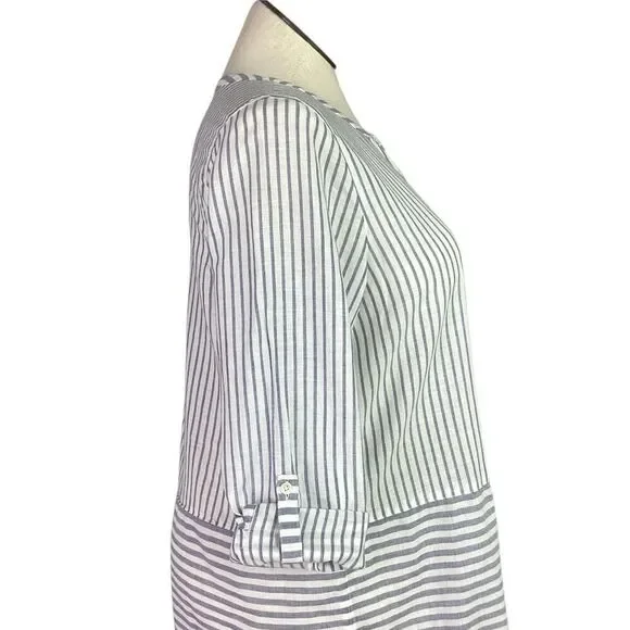 J Jill Fit Top Women L Gray White Cotton Stripe Roll Tab Sleeve High Low Tunic - Picture 7 of 11